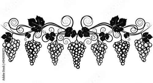 Illustration of a decorative border with bunches of grapes and grape leaves on a white background in a black and white color scheme.