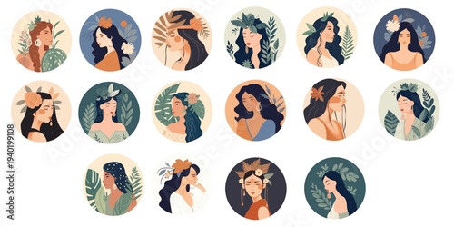 Minimal bohemian flat vector set of women with botanical leaves. Soft colors, modern feminine illustration for wellness, beauty, lifestyle and social media design