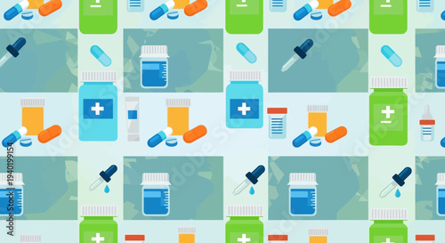 Seamless Pattern of Pharmaceutical Bottles, Pills, and Droppers on a Geometric Background