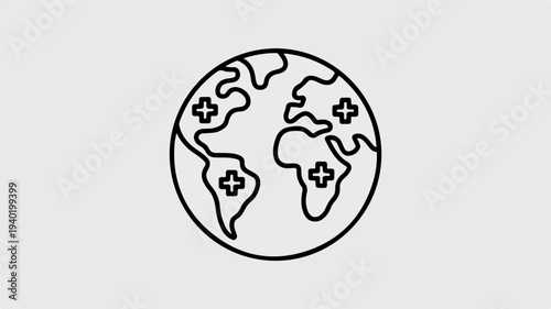 Minimalist line drawing of a globe with flowers on continents symbolizing eco friendly and sustainable earth