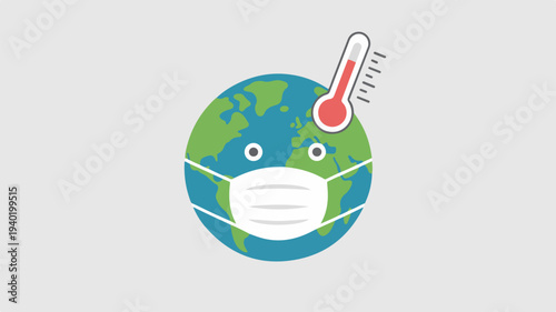 Globe wearing face mask with thermometer symbolizing earth's health and climate change concerns on a plain background