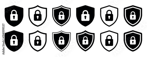Lock and Unlock Icon Vector Set with Tick, Cross, and Shield Security Symbols in Outline and Solid Styles for Privacy and Protection Illustration