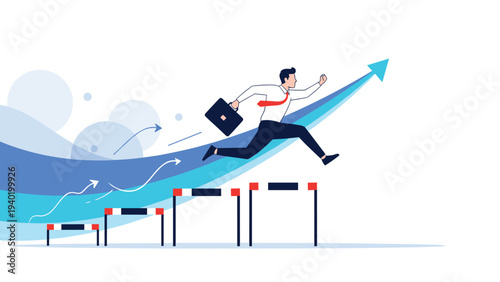 Businessman jumps over hurdles with an upward growth arrow in the background, symbolizing resilience and overcoming business challenges.