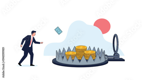 Businessman walks cautiously towards a money trap filled with coins, symbolizing financial risk, scam, or potential investment danger.