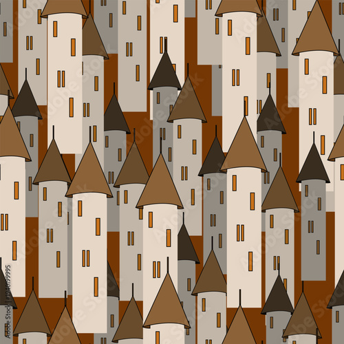 Seamless pattern with medieval towers. Vector illustration in beige and brown tones. Vintage style. Suitable for interiors, backgrounds, and scenes.