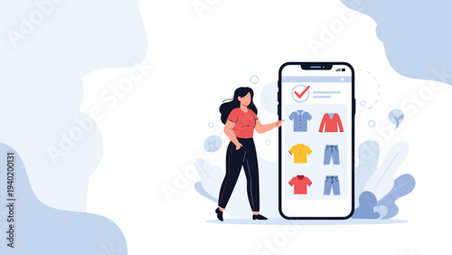 Woman interacts with a large smartphone showcasing an online clothing store, browsing various apparel items for convenient shopping.