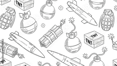 Intricate seamless pattern showcasing various explosive devices like bombs, grenades, dynamite, and missiles in a detailed line art style.