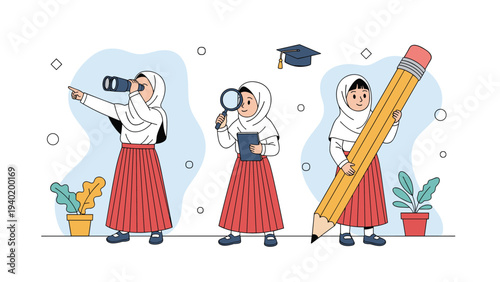 Three Muslim schoolgirls in hijabs showcasing diverse poses: exploring with binoculars, investigating with a magnifying glass, and holding a giant pencil.
