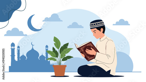 Young Muslim boy sits peacefully reading the Holy Quran, with a mosque, crescent moon, and a plant in the serene background.