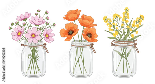 Illustration of three glass jars with pink, orange and yellow flowers on a white background in a flat lay composition.