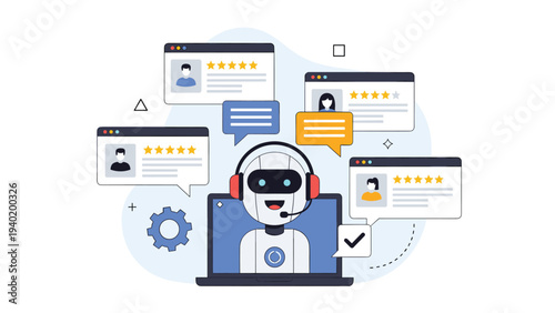 Robot chatbot with headphones on a laptop, interacting with multiple customer review screens, representing efficient AI customer service.