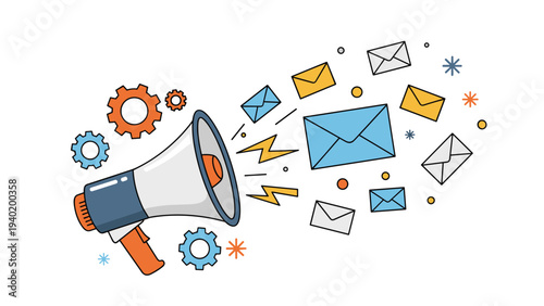 Dynamic illustration of a megaphone emitting numerous emails and gears, symbolizing effective email marketing and communication campaigns.