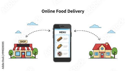 Smartphone displays an online food delivery menu, with arrows illustrating the seamless delivery process from a shop to a house.