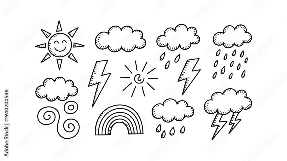 Fototapeta premium Hand Drawn Weather Icons Set Collection.