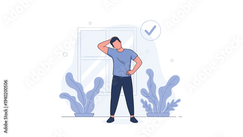 Man performs a gentle neck and shoulder stretch, promoting flexibility and well-being, with a visible checkmark indicating proper form.