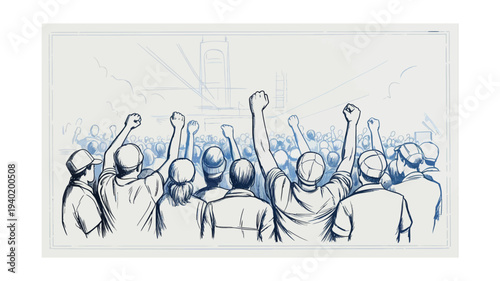 Illustration of a Crowd with Raised Fists.