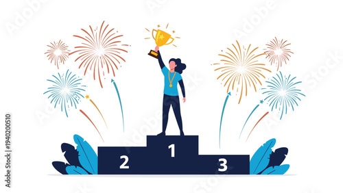 Victorious woman stands triumphantly on a winner's podium, holding a gleaming trophy with celebratory fireworks in the background.