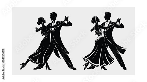 Elegant Couple Dancing Silhouette Vector Illustration.