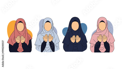 Four diverse Muslim women, adorned in various colored hijabs, engage in solemn prayer or supplication with raised hands.