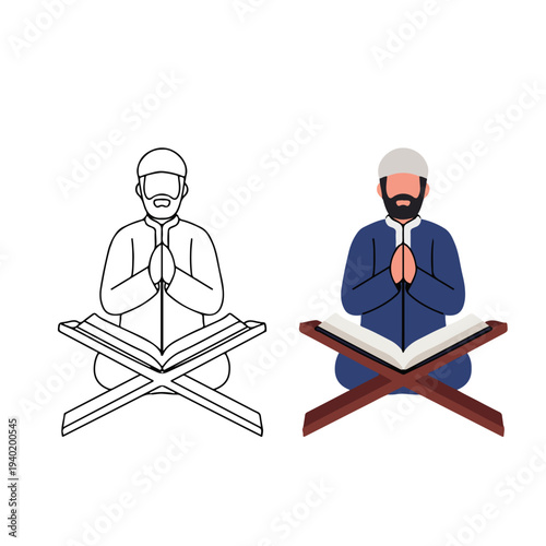 Man reading Quran line and color illustration. Muslim man praying with Quran on stand flat vector. Islamic prayer pose with holy book set.