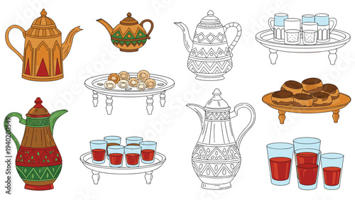Assortment of ornate Arabian teapots, traditional serving trays, dates, and tea glasses, showcasing Middle Eastern hospitality and culture.