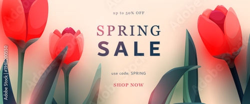 Spring sale banner with beautiful red tulips vector illustration. Floral background for seasonal shopping, discounts and marketing promotion