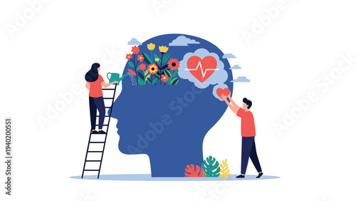 Woman waters flowers growing in a large human head, while a man holds a pulsating heart, symbolizing profound mental health and emotional well-being.