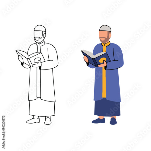 Muslim man standing and reading holy Quran illustration. Islamic man holding holy book flat vector. Religious male character reading Quran in line art.