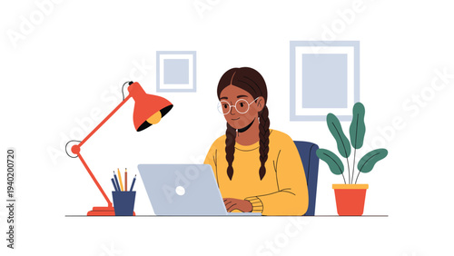 Young woman with braids and glasses diligently works on a laptop at her desk, with a lamp and plant, symbolizing remote work or focused online study.
