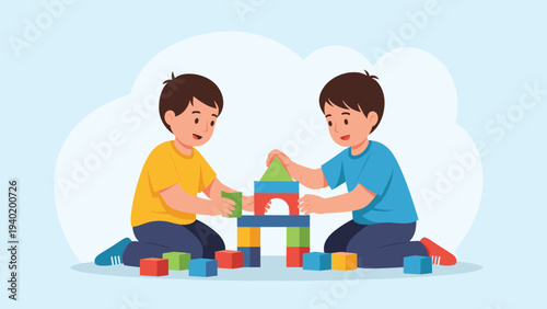 Two cheerful young boys happily engage in creative play together, building structures with colorful building blocks, fostering imagination and teamwork.