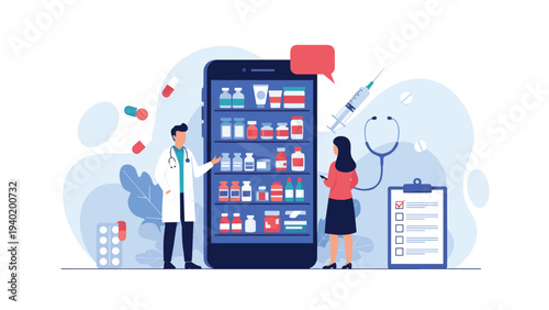 Doctor and patient stand beside a large smartphone displaying numerous medicine bottles on shelves, symbolizing convenient online pharmacy services and telehealth.