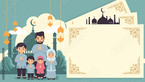 Joyful Muslim family in traditional attire poses before a mosque, with ample blank space for personalized Eid or Ramadan greetings.