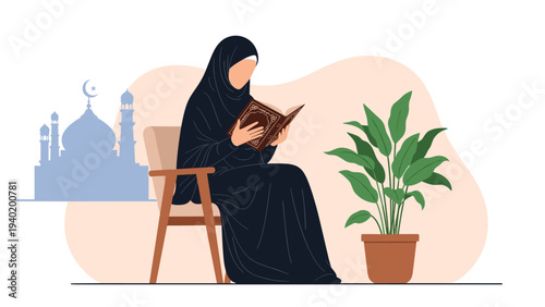Serene Muslim woman in a black abaya and hijab reverently reads the Quran while seated, with a mosque silhouette in the tranquil background.