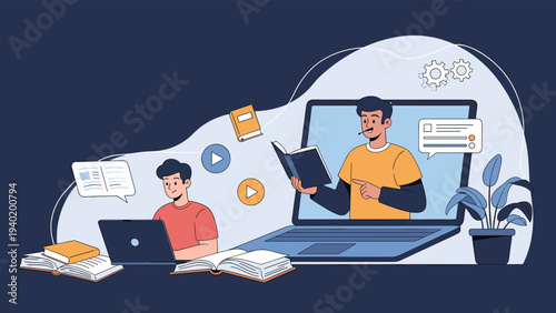 Two diligent men engaged in modern online learning, one actively watching a lecture on a laptop, the other engrossed in books, symbolizing comprehensive e-learning.