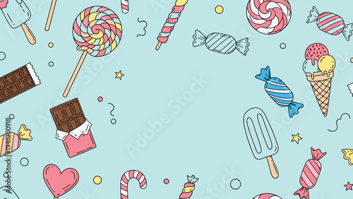 Delightful seamless pattern featuring an assortment of colorful candies, chocolates, ice cream, and lollipops on a soothing light blue background.
