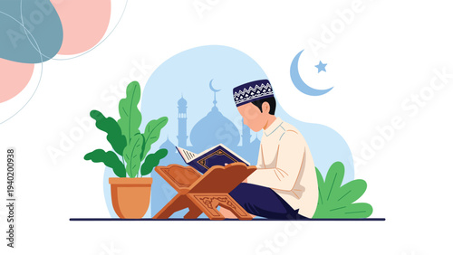 Serene Muslim man in traditional attire reverently reads the Quran from a rehal, with a peaceful mosque silhouette in the background.