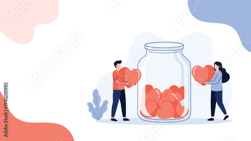Man and woman gently place vibrant hearts into a large glass jar, symbolizing acts of profound love, selfless charity, and generous donations.