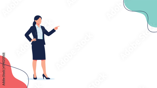 Confident businesswoman in a professional suit stands poised, pointing decisively to the side, ideal for presentations or clear directional cues.