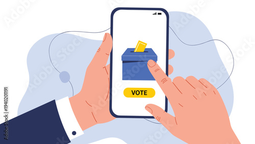 Hands actively hold a smartphone displaying an online voting application with a ballot box, symbolizing modern digital voting and secure elections.