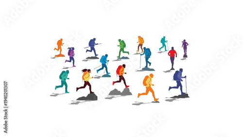 Men and Women Hiking Silhouettes Vector – Rock Climbing and Trail Running in Mixed Colors on White Background