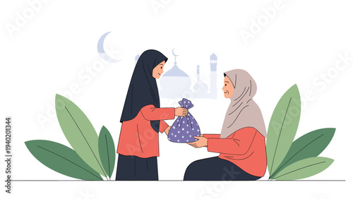 Compassionate Muslim woman generously presents a gift or Zakat to an elderly woman, with a serene mosque silhouette in the background, symbolizing heartfelt charity.