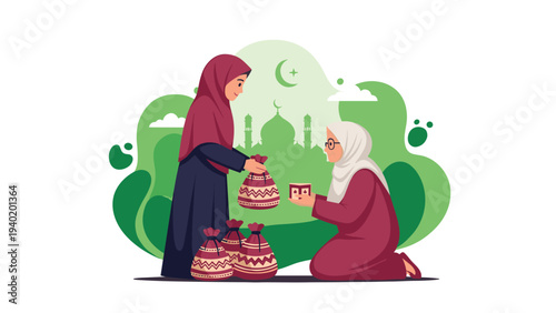 Compassionate Muslim woman generously presents bags of gifts or Zakat to an elderly woman, with a serene mosque silhouette in the background, symbolizing heartfelt charity.