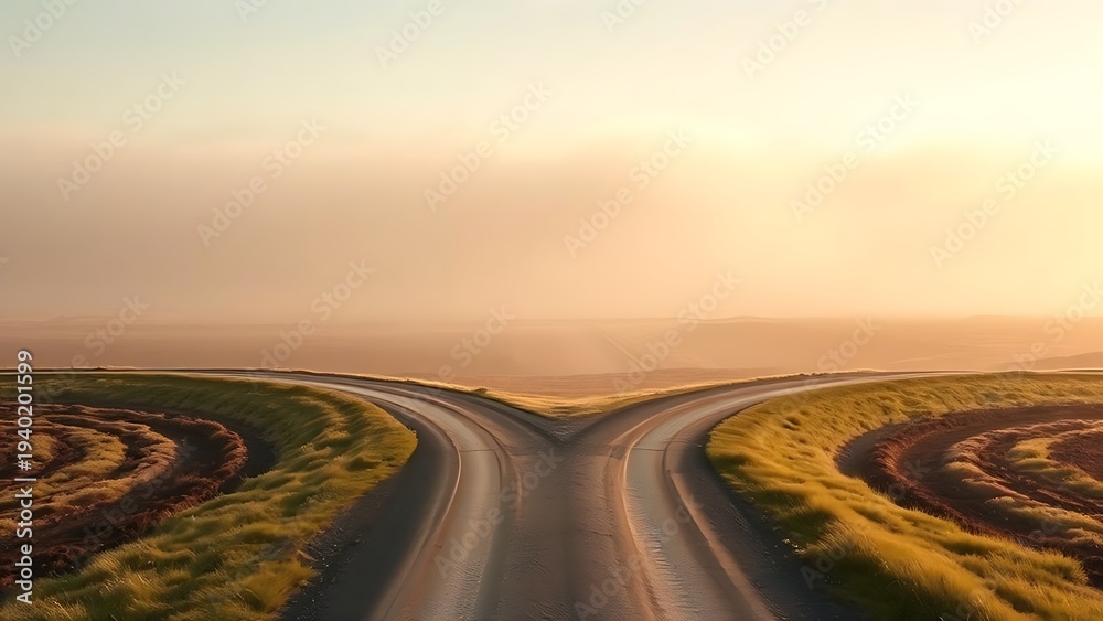 Fototapeta premium A conceptual crossroads splitting in two directions, symbolic path choice.