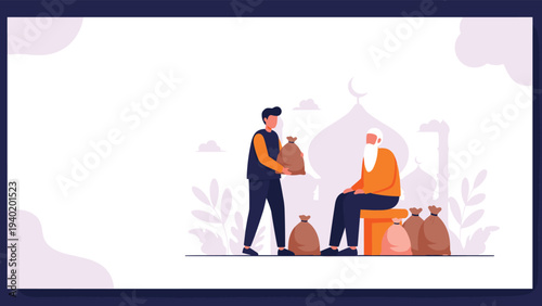 Compassionate man generously presents bags to an elderly man, seated before a mosque silhouette, symbolizing Zakat or heartfelt charity and social support.