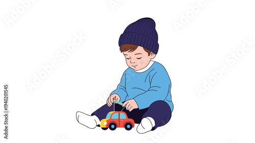 Adorable baby boy, comfortably dressed in a blue hat, happily plays with a vibrant toy car, symbolizing joyful childhood and pure innocence.