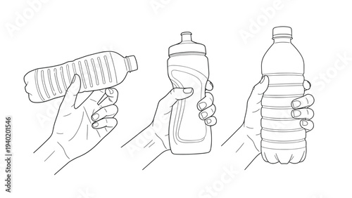 Three hands confidently grip different types of plastic water bottles, illustrating the importance of hydration and the environmental impact of plastic waste.