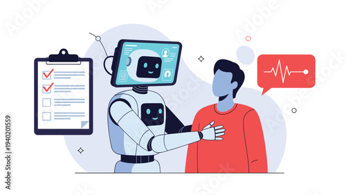 Compassionate robot doctor gently comforts a patient, with a checklist nearby, symbolizing the advanced role of AI in healthcare and telemedicine.