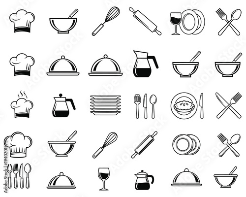 Collection of kitchen utensils and chef tools icons