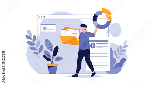 Man purposefully holds a folder and pie chart, standing beside a large web page displaying data, symbolizing thorough data analysis and efficient information management.