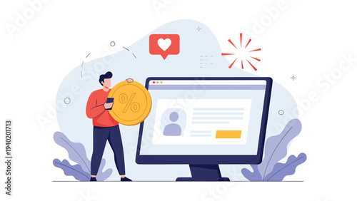 Man holds a large gold coin with a percentage sign, beside a computer screen displaying a user profile, symbolizing online discounts and loyalty programs.